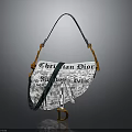 Christian Dior Newspaper Print Saddle Handbag With Green Strap And Gold Hardware
