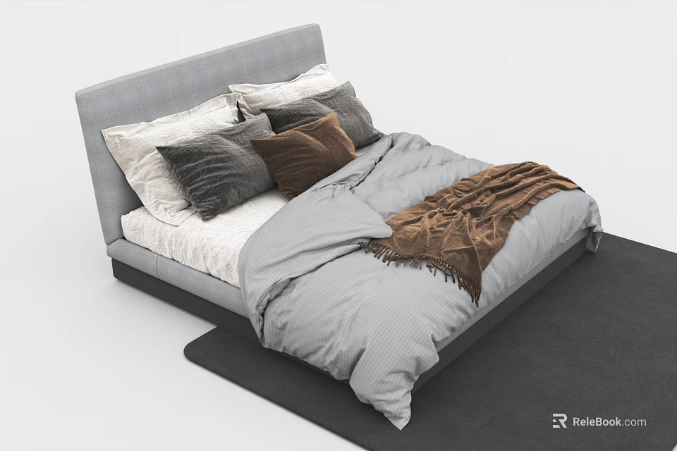 Modern Double Bed Featuring Gray Headboard Multiple Pillows and Brown Throw Blanket on Gray Rug 3d model