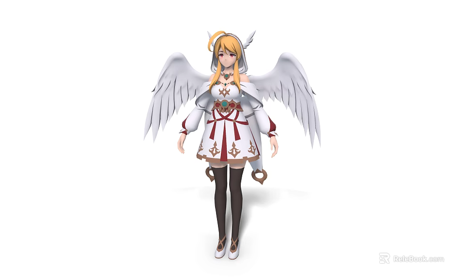 Blonde Haired Female Character With Angelic White Wings And Star Patterned Outfit 3d model 