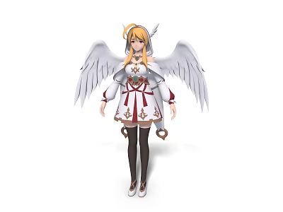 Blonde Haired Female Character With Angelic White Wings And Star Patterned Outfit 3d model