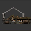 Wood and Stone Rustic Scene with Cabin Stacked Logs Barrels Cart and Stump