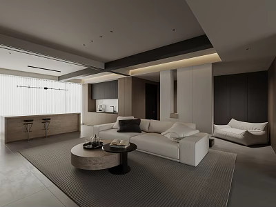Modern Minimalist Living Dining Room Interior Design With White Sofa Coffee Table And Bar Counter 3d model