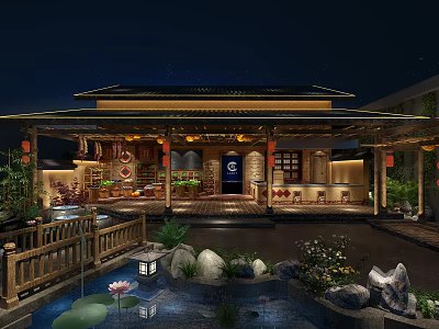 Traditional Chinese Restaurant Courtyard With Tile Roof Pond Lotus Lanterns And Wooden Structure 3d model