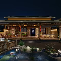 Traditional Chinese Restaurant Courtyard With Tile Roof Pond Lotus Lanterns And Wooden Structure