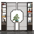 Traditional Chinese Room Divider With Lattice Panels Shelves And Potted Plants