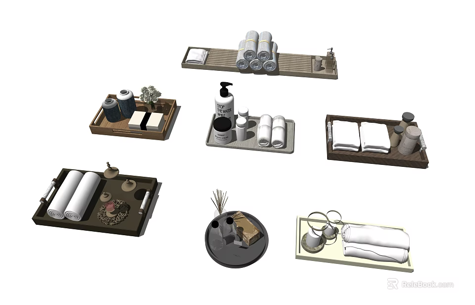 Stylish Essential Bathroom Accessories Including Towels Trays Soap Dispensers And Cups 3d model 