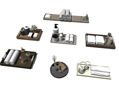 Stylish Essential Bathroom Accessories Including Towels Trays Soap Dispensers And Cups 3d model