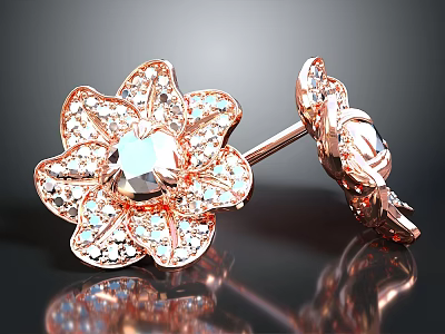 Elegant Rose Gold Flower Shaped Earrings With Sparkling Diamonds And Central Gemstone 3d model