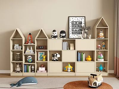 Decorative Ornament Set with Dolls and Books on House Rocket Shaped Bookshelves in Kids Room 3d model