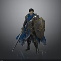 A Man In Medieval Armor With Blue Cape Holding Sword And Golden Shield