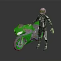 Game Movie Character in Black Gray Tight Suit with Helmet Standing Beside Green Motorcycle