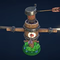 Cartoon Scarecrow Target Scene With Wooden Barrel Body Metal Rings Red Bullseye And Spear Arms