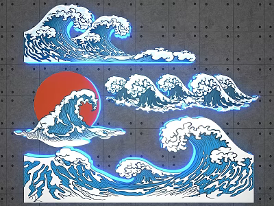 Striking Wave Pattern Photo Spot With Red Sun And Blue Lighting 3d model
