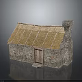 Traditional Stone Cottage With Moss Covered Thatch Roof Wooden Door And Stone Chimney