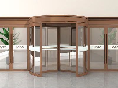 Modern Copper Revolving Door Entrance With Glass Panels And Logo Signs 3d model