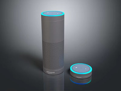 Sleek Gray Wireless Speaker With Cylindrical Design Blue Ring Light And Small Circular Device 3d model