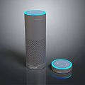 Sleek Gray Wireless Speaker With Cylindrical Design Blue Ring Light And Small Circular Device