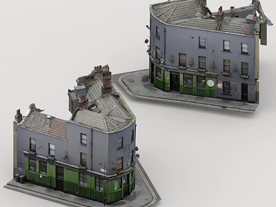 Corner Multi Story Residential Building With Gray Exterior Walls Green Ground Floor And Sloped Roof 3d model
