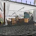 Traditional Modern Restaurant Courtyard With Wooden Furniture And Hanging Lights Design