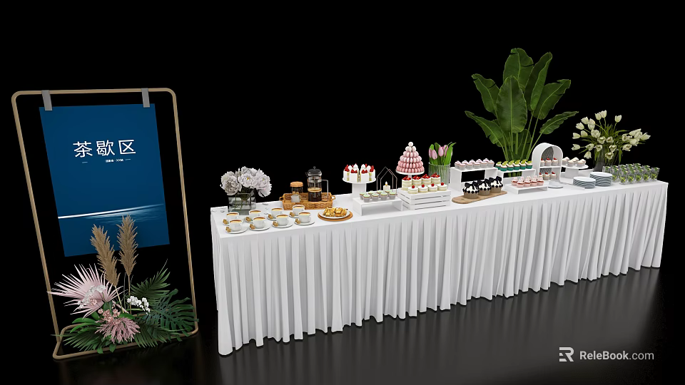 Elegant Floral Display for Dessert Table with White Tablecloth Green Plants and Pink Flowers 3d model 