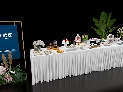 Elegant Floral Display for Dessert Table with White Tablecloth Green Plants and Pink Flowers 3d model