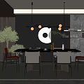 Modern Restaurant Interior With Dining Table Chairs Pendant Lights Green Plant And Marble Wall Decor