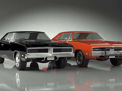 Classic Black And Orange Muscle Cars Parked Side By Side On Shiny Reflective Surface 3d model