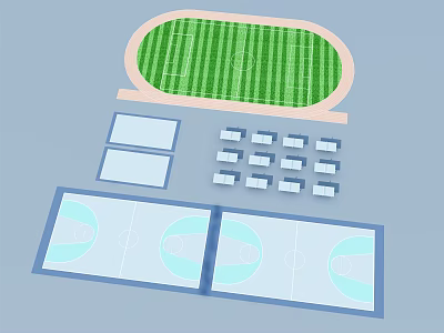 Green Football Field with Running Track and Basketball Courts in Sports Complex 3d model