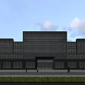 Modern Office Building Exterior With Glass Curtain Wall Main Entrance Grass Area And Pedestrians Walking