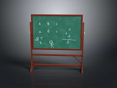 Green Blackboard with Red Stand Featuring Letters Math Symbols and Stick Figures 3d model
