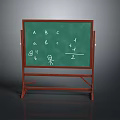 Green Blackboard with Red Stand Featuring Letters Math Symbols and Stick Figures