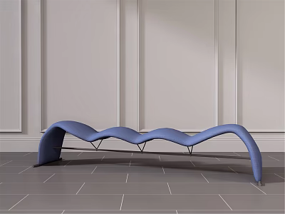 Blue Wavy Outdoor Bench With Curved Design On Gray Floor And White Walls 3d model