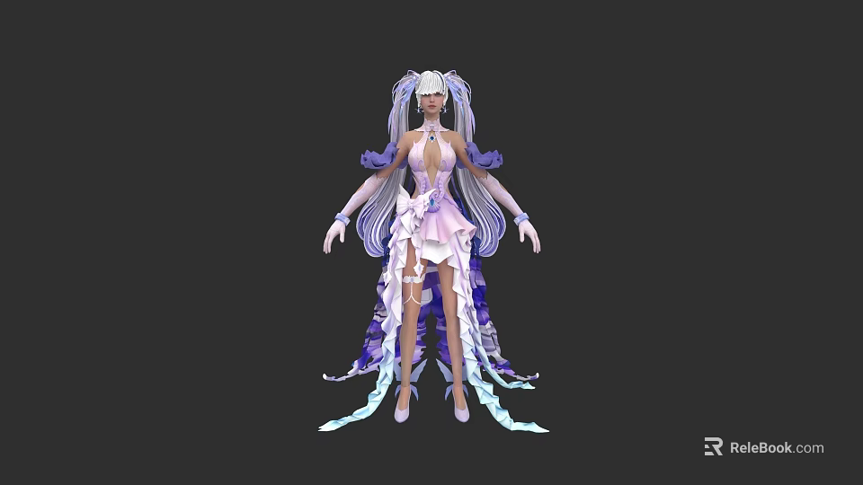 Elegant Pink And Purple Layered Dress With Flowing Ribbons And Frills 3d model 