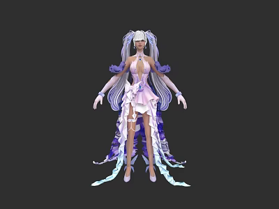 Elegant Pink And Purple Layered Dress With Flowing Ribbons And Frills 3d model