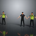 Three Standing Uniformed Figurines With Black Uniforms And Yellow Reflective Vests On Gray Surface 3d model