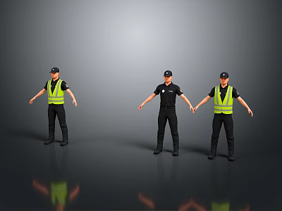 Three Standing Uniformed Figurines With Black Uniforms And Yellow Reflective Vests On Gray Surface 3d model