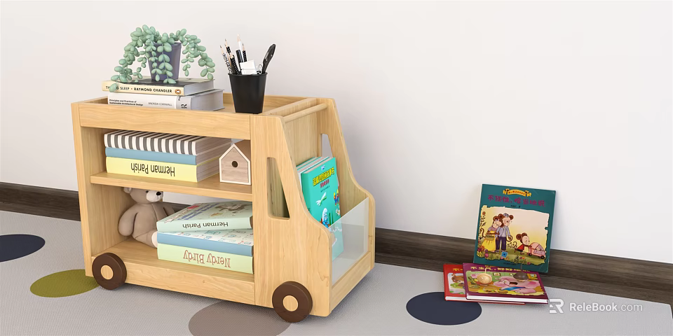 Kids Wooden Car Shaped Bookcase with Books Teddy Bear and Small Decorations 3d model 
