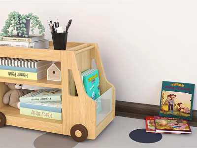 Kids Wooden Car Shaped Bookcase with Books Teddy Bear and Small Decorations 3d model