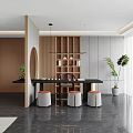 Modern Office Interior With Large Windows Dark Desk Brown Chairs Wooden Panels And Decorative Paintings