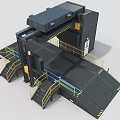 Large Industrial Equipment Featuring Black Main Structure Yellow Guardrails Stairs Blue Platform And Warning Stripes