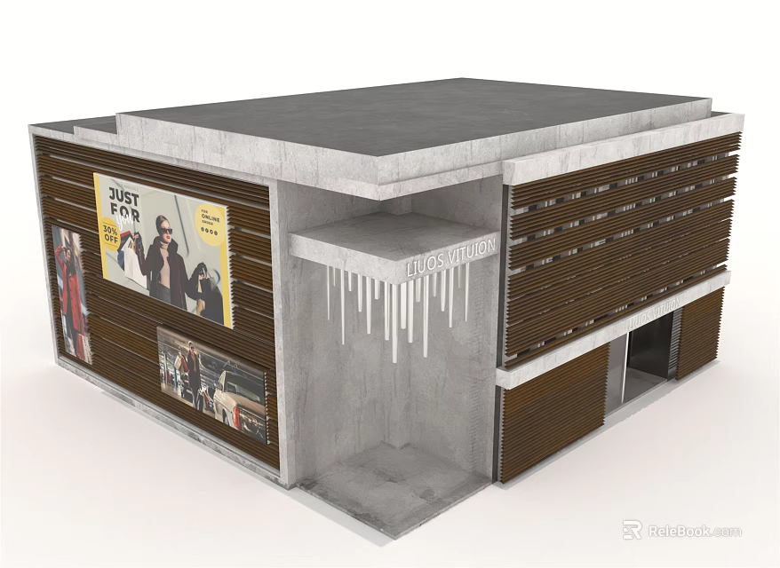 Modern Commercial Building Exterior With Concrete Roof Wooden Slats And Advertising Posters 3d model 
