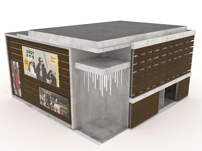 Modern Commercial Building Exterior With Concrete Roof Wooden Slats And Advertising Posters 3d model