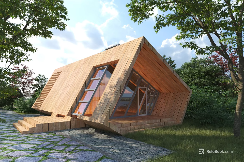 Modern Wooden House With Sloped Roof Large Windows And Natural Forest Surroundings 3d model 