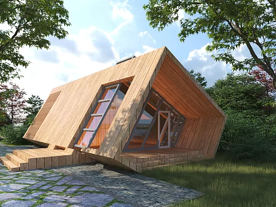 Modern Wooden House With Sloped Roof Large Windows And Natural Forest Surroundings 3d model