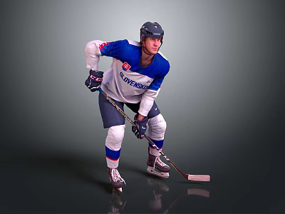 Man Dressed As Hockey Player Wearing Helmet And Holding Hockey Stick On Ice 3d model