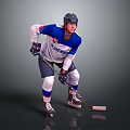 Man Dressed As Hockey Player Wearing Helmet And Holding Hockey Stick On Ice