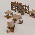 Ancient Market Scene With Straw Roof Tents Wooden Stalls And Barrels