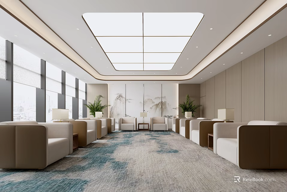 Modern Conference Room Spacious Bright With Beige Sofas Green Plants Carpet Large Windows And Skylight 3d model 