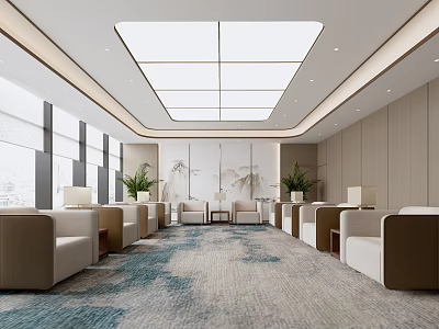 Modern Conference Room Spacious Bright With Beige Sofas Green Plants Carpet Large Windows And Skylight 3d model