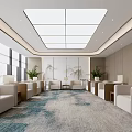 Modern Conference Room Spacious Bright With Beige Sofas Green Plants Carpet Large Windows And Skylight